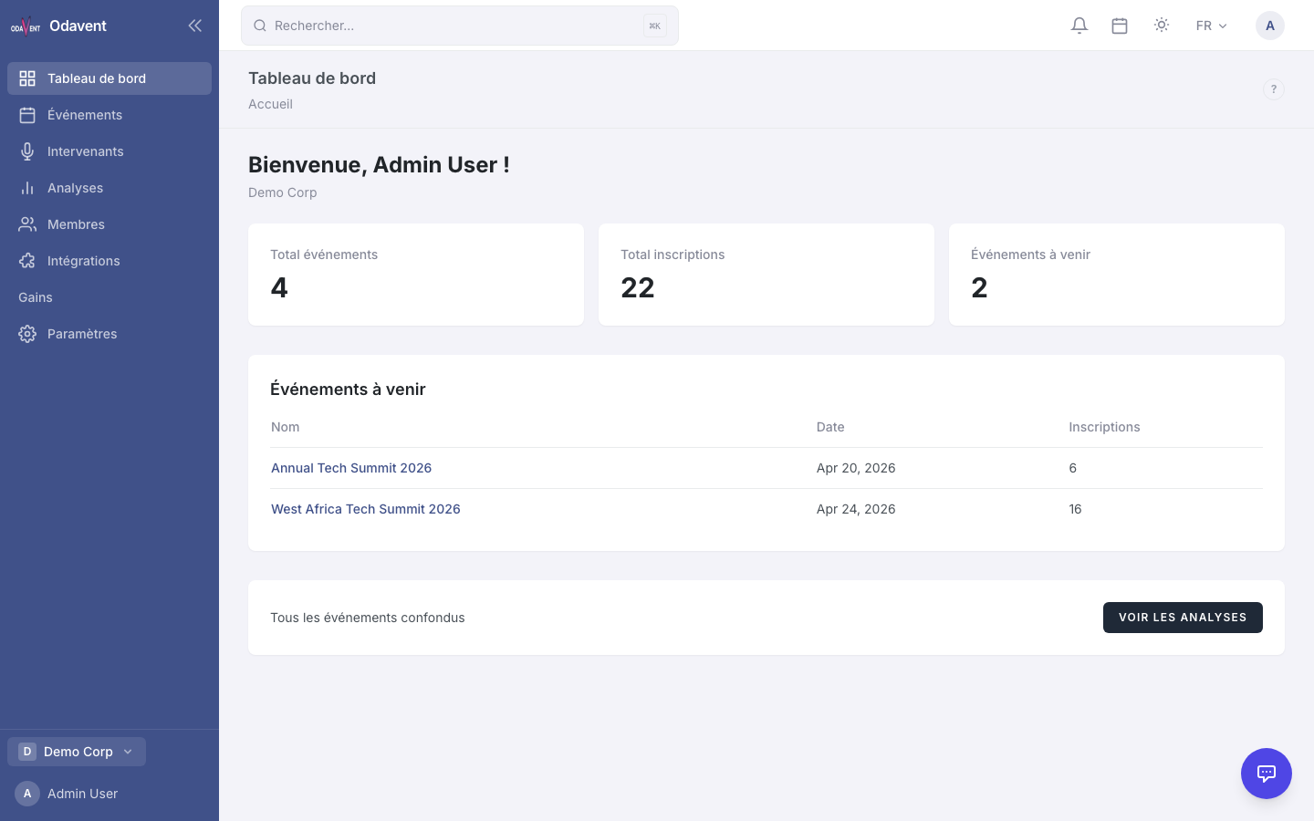 Command palette search modal showing grouped results for events, speakers, and registrations