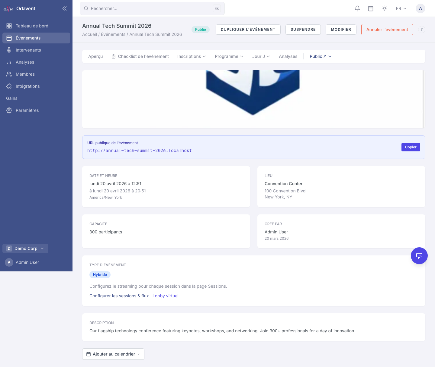 Event status dropdown showing Draft, Published, Paused, Cancelled, Archived options