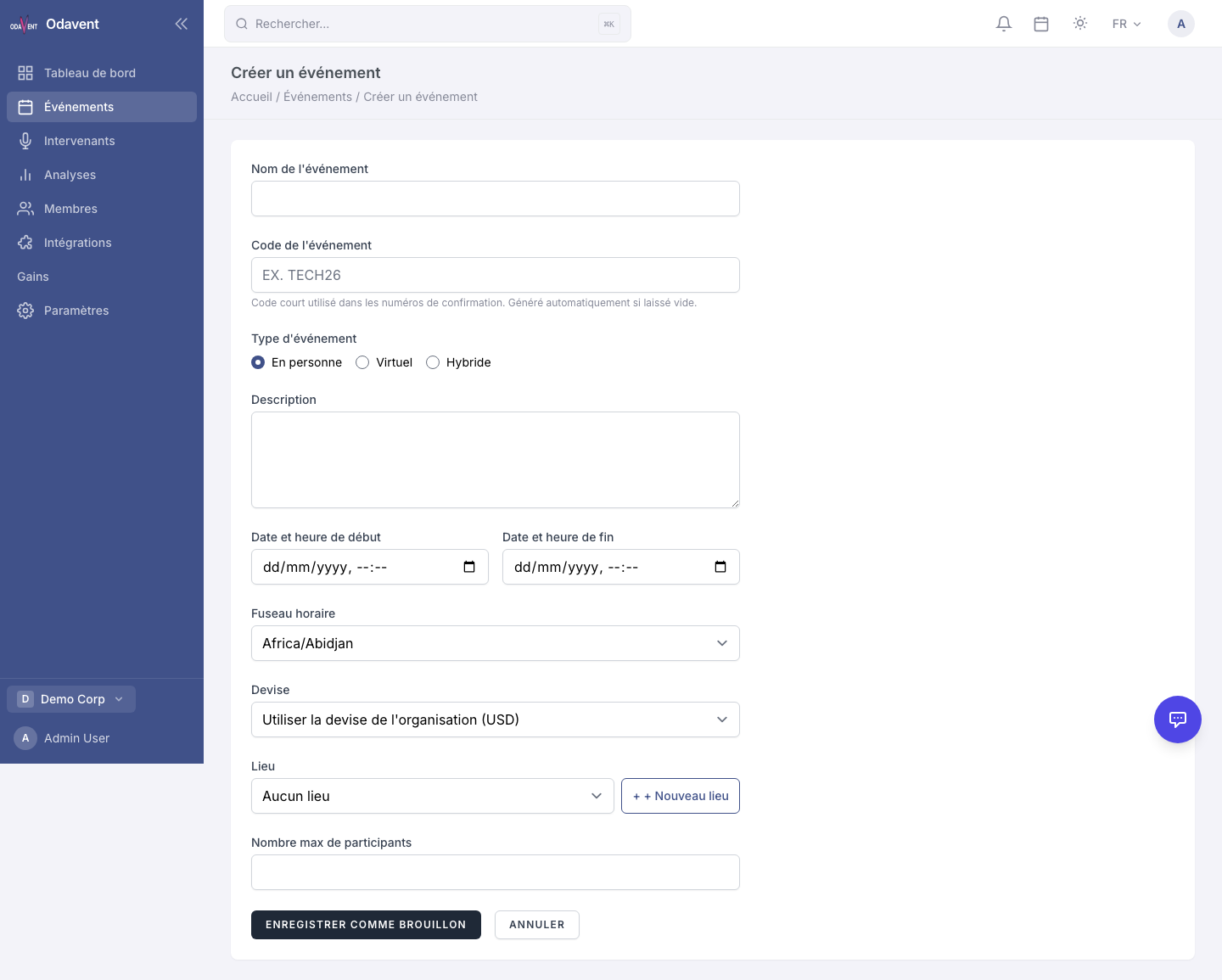 New event form with name, dates, timezone, type, and venue fields