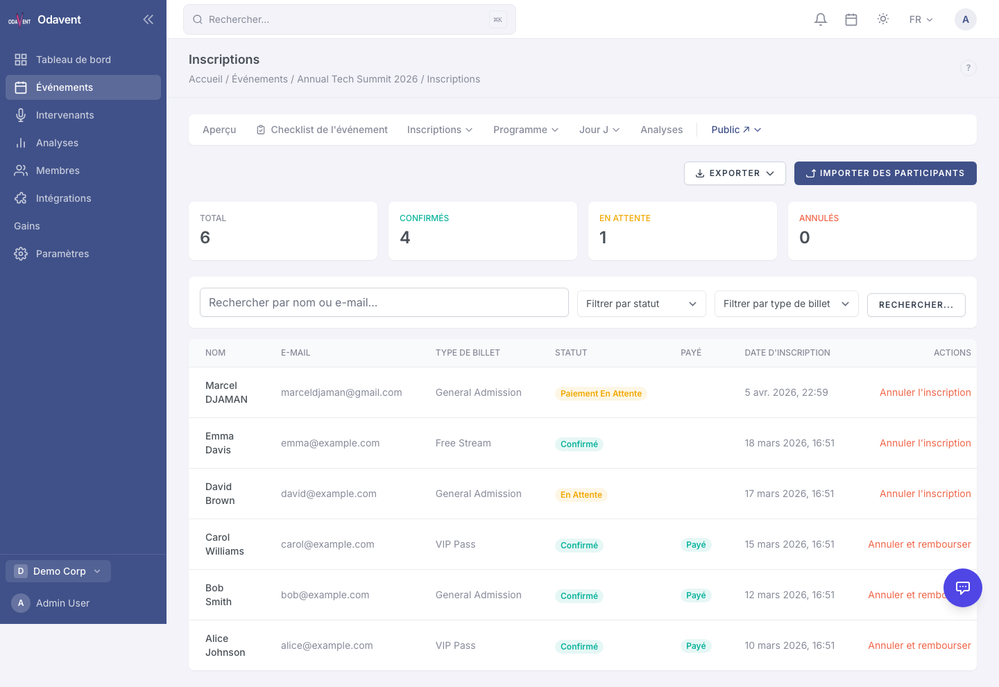 Waitlist tab showing attendees with Promote and Remove buttons