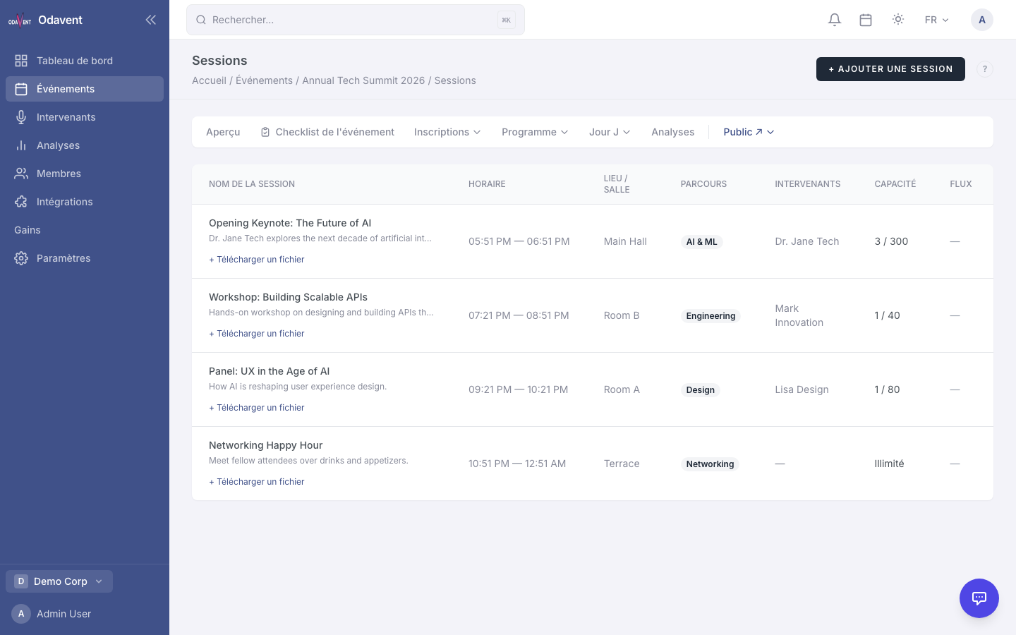 Session creation form with title, track, room, times, and capacity fields