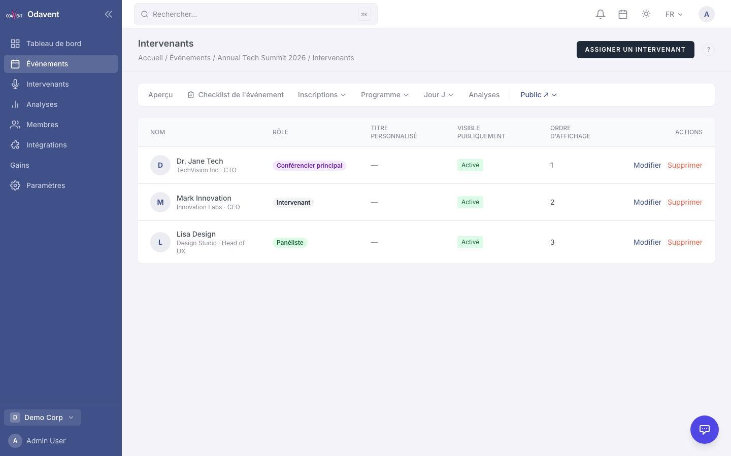 Add speaker form with name, email, company, bio, and photo fields