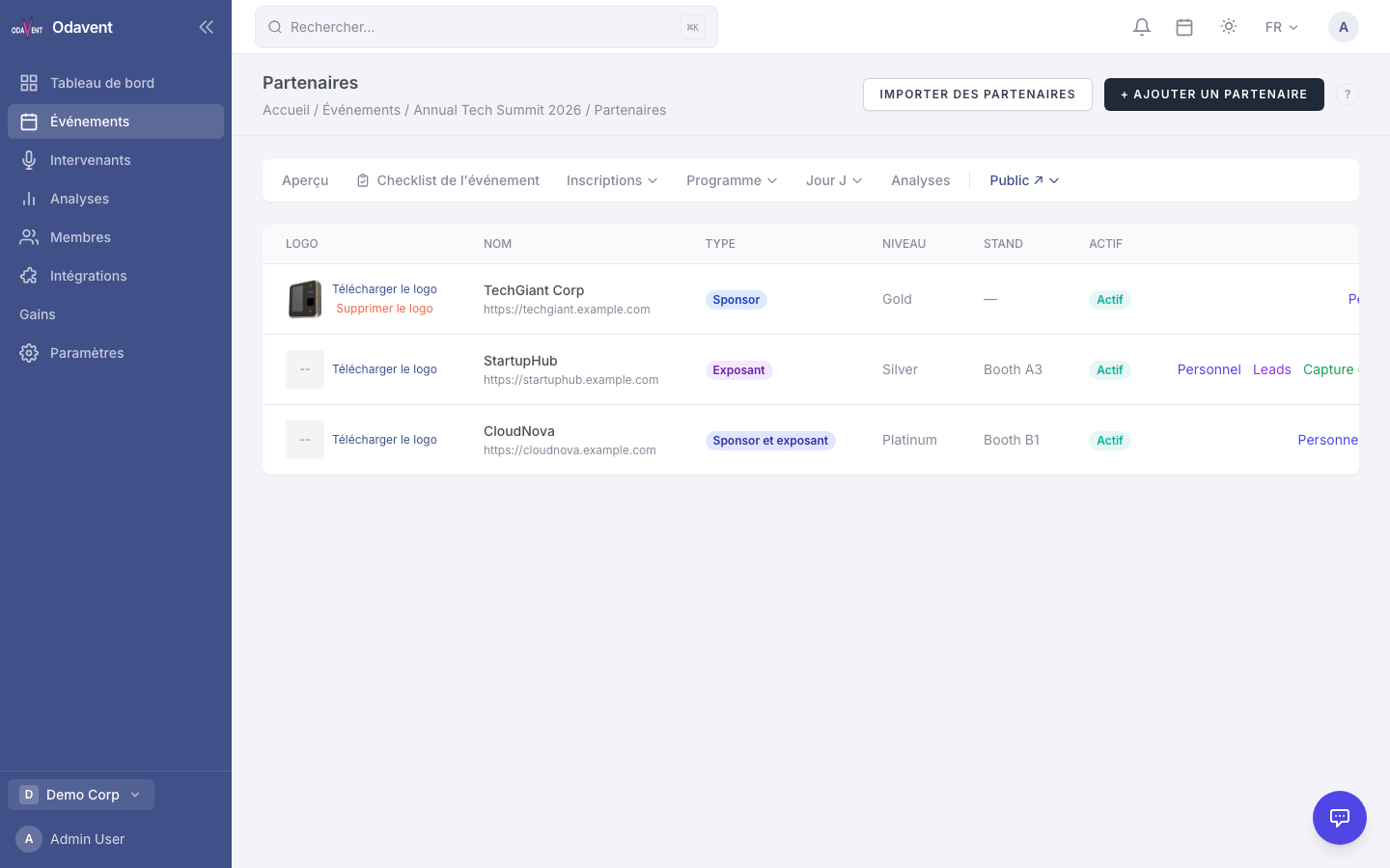 Add partner form with name, type, tier, logo, and website fields