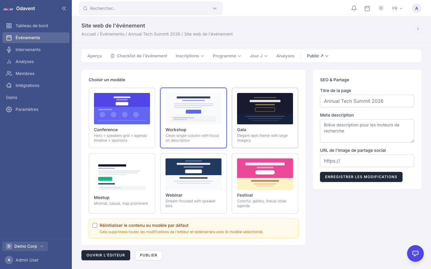 Template gallery showing 6 template thumbnails with preview buttons