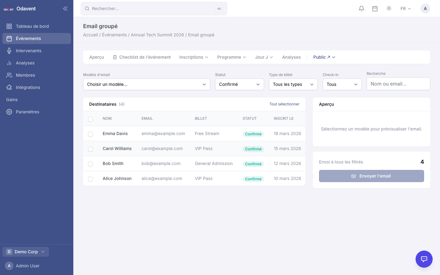 Bulk email page with template selector, filters, live recipient count, and Preview button
