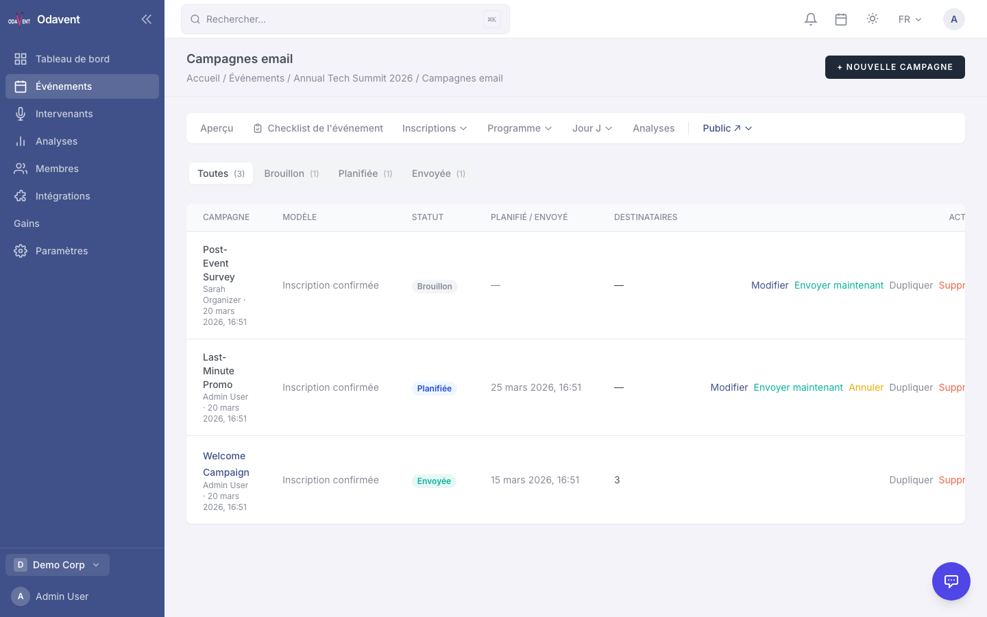 Campaign list with status badges (Draft, Scheduled, Sent) and schedule date