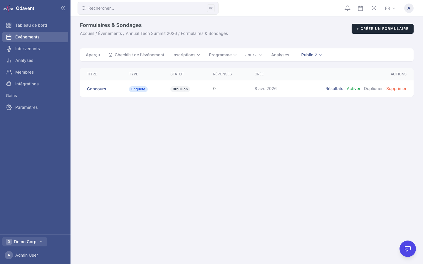 Form builder with question type selector and preview panel