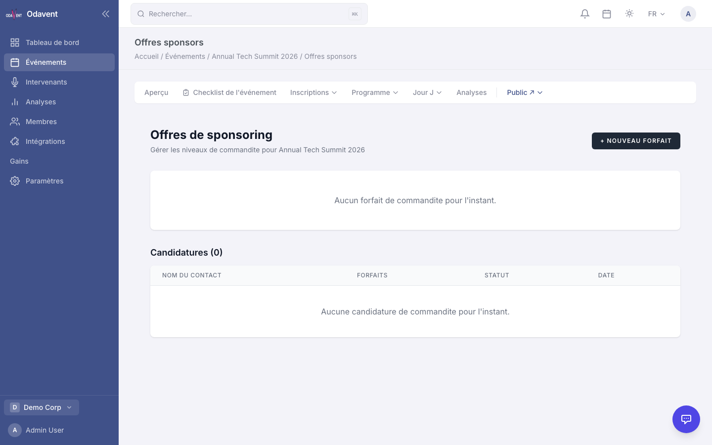Sponsorship package editor with name, price, tier, and perk list