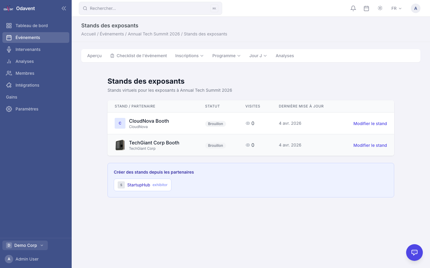 Booth setup form with description, logo, video, and resource upload fields
