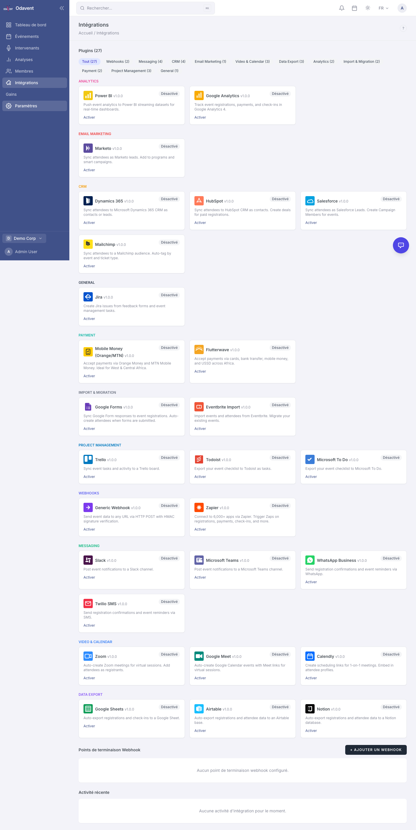 Integrations page showing plugin cards organized by category with Install/Configure buttons