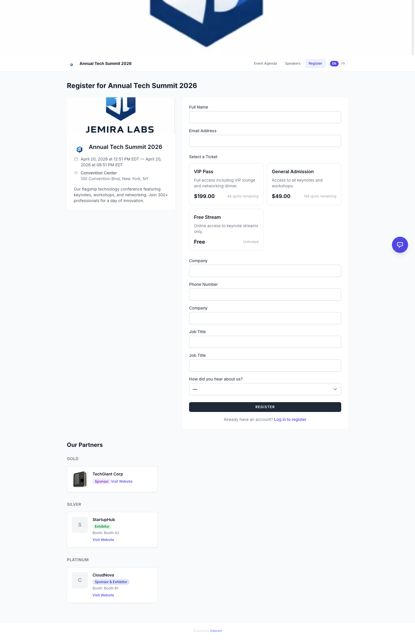 Public registration page with ticket selector, registration form, and payment button