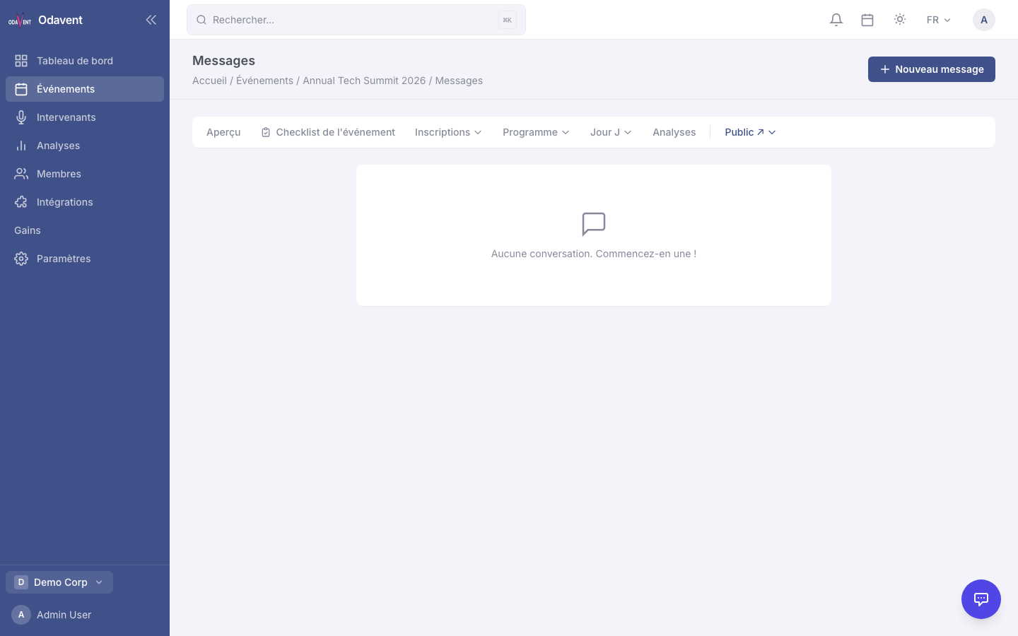 Messaging inbox with conversation list on the left and message thread on the right